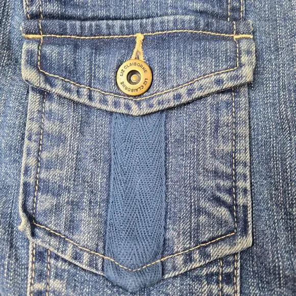 Liz Claiborne Denim Jean Jacket Knit Sleeves Shawl Collar Pocket Cuff Trim sz 14 - Picture 9 of 16